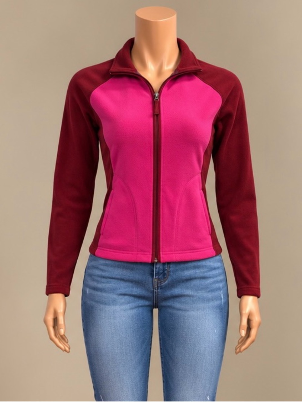Hot Pink Burgundy Colorblock Fleece Full Zip Jacket Sweatshirt Small